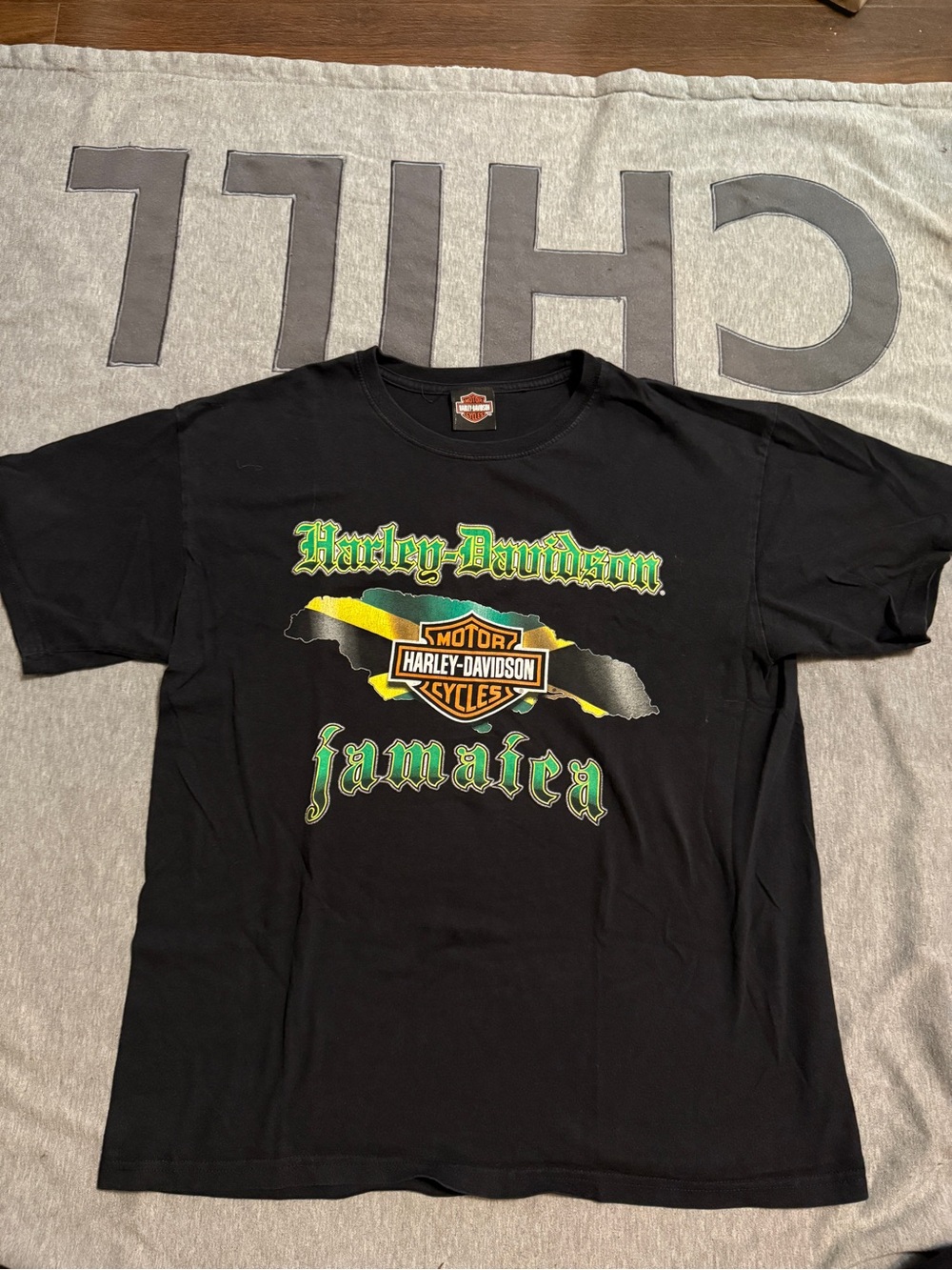 Harley-Davidson Black Tee with Green and Yellow Jamaica Graphic